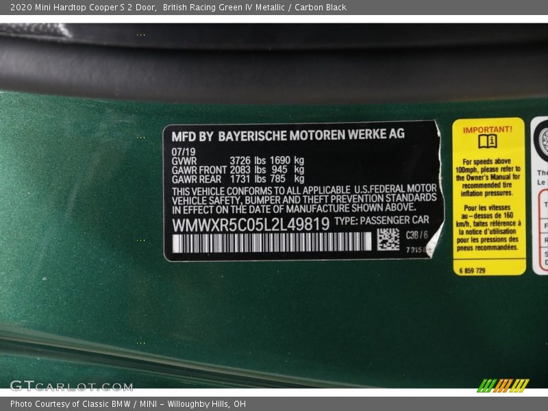 2020 Hardtop Cooper S 2 Door British Racing Green IV Metallic Color Code C3B