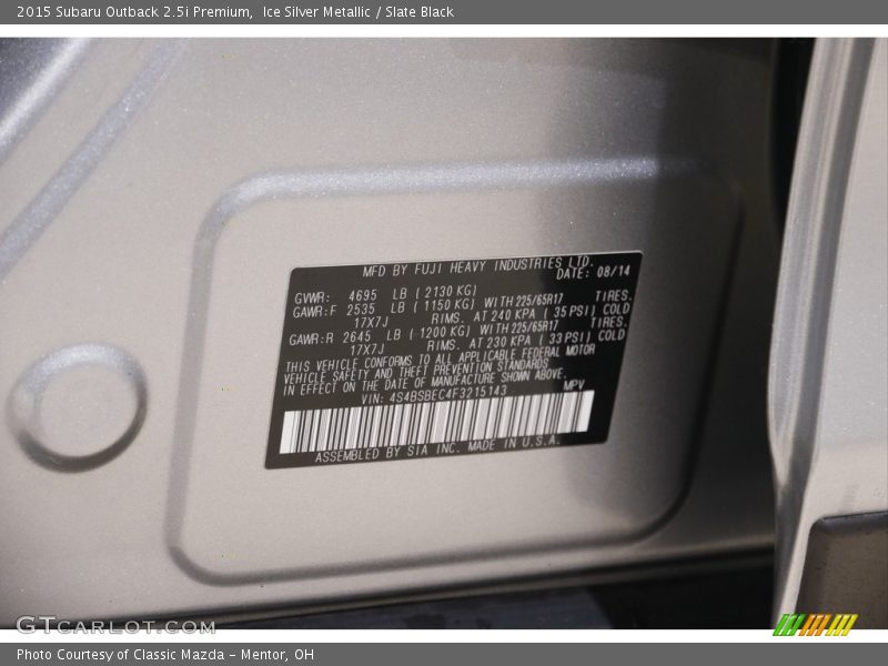 Ice Silver Metallic / Slate Black 2015 Subaru Outback 2.5i Premium
