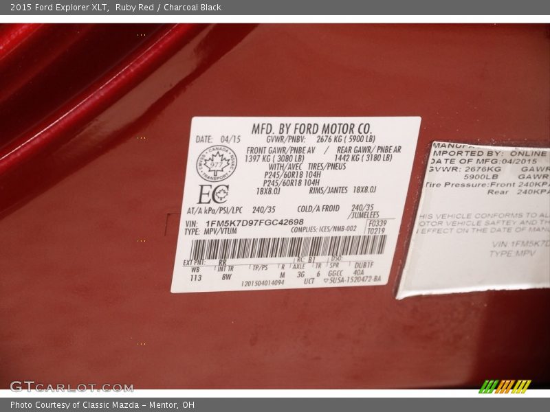 2015 Explorer XLT Ruby Red Color Code RR
