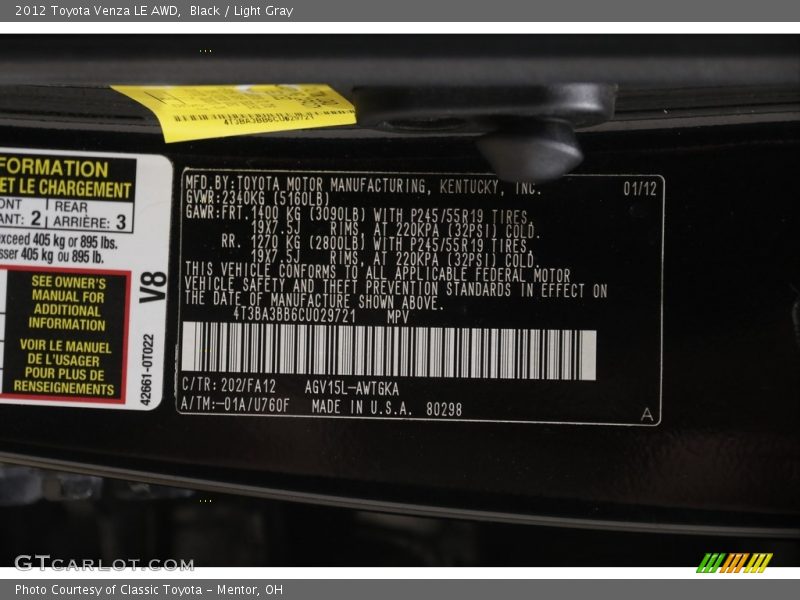 Black / Light Gray 2012 Toyota Venza LE AWD