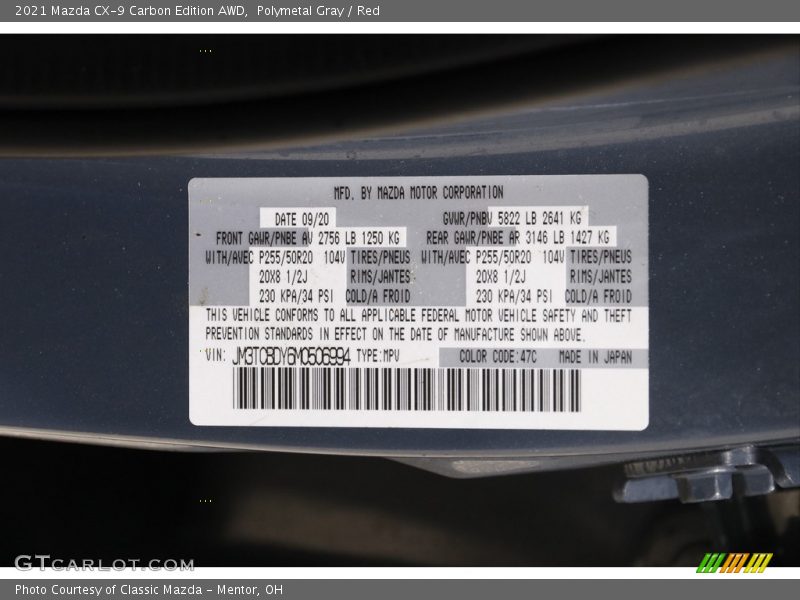 Polymetal Gray / Red 2021 Mazda CX-9 Carbon Edition AWD