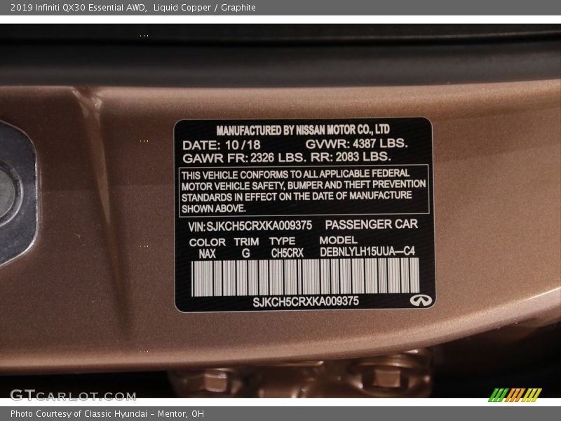 2019 QX30 Essential AWD Liquid Copper Color Code NAX