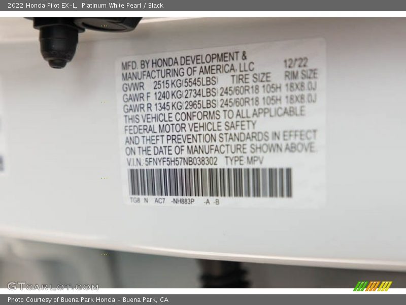 Platinum White Pearl / Black 2022 Honda Pilot EX-L