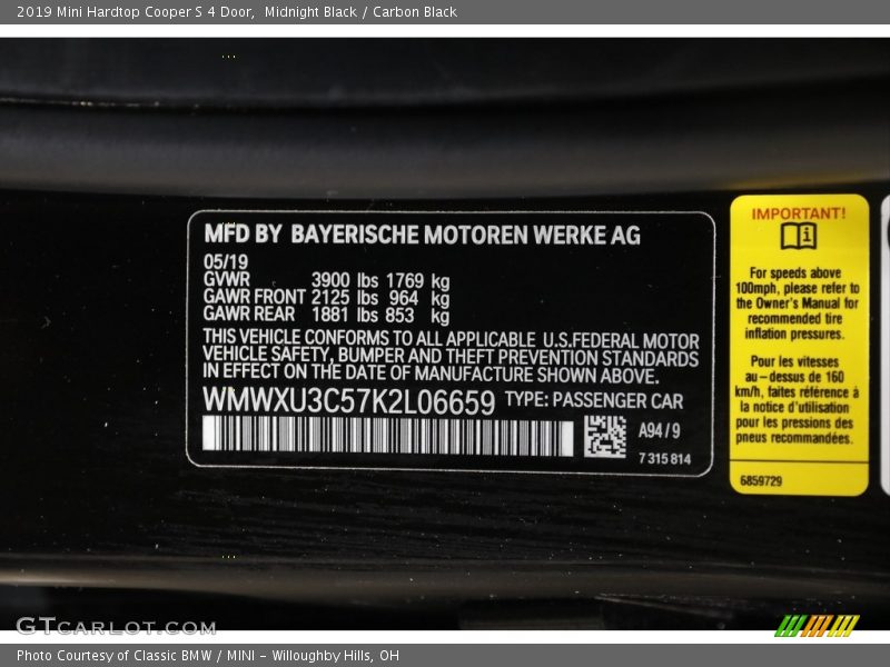 Midnight Black / Carbon Black 2019 Mini Hardtop Cooper S 4 Door