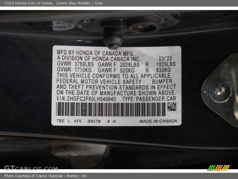 Cosmic Blue Metallic / Gray 2020 Honda Civic LX Sedan
