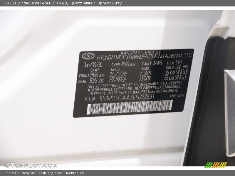 Quartz White / Espresso/Gray 2020 Hyundai Santa Fe SEL 2.0 AWD