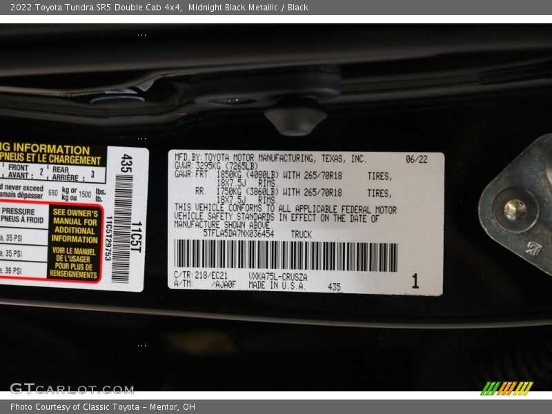 2022 Tundra SR5 Double Cab 4x4 Midnight Black Metallic Color Code 218