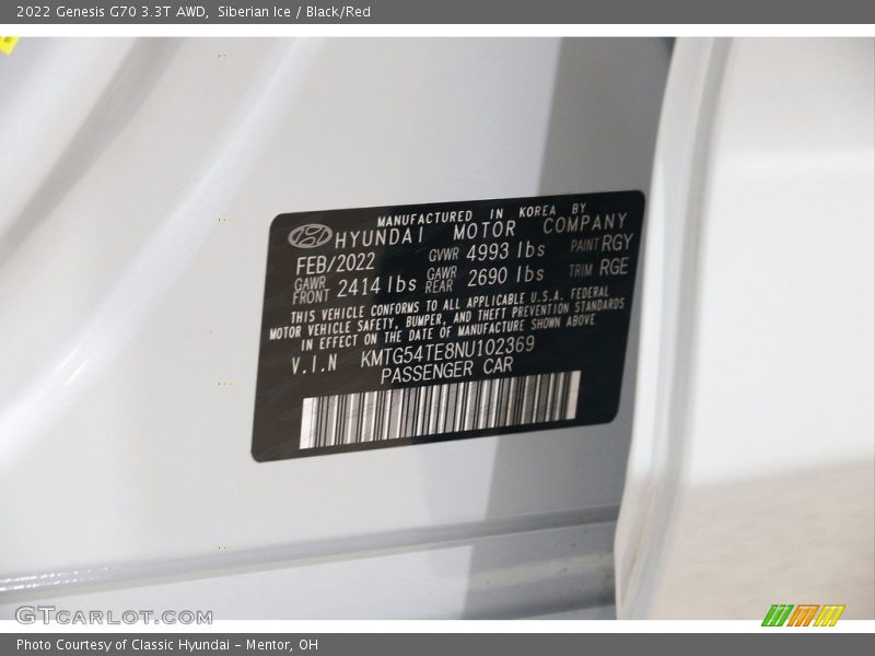 2022 G70 3.3T AWD Siberian Ice Color Code RGY