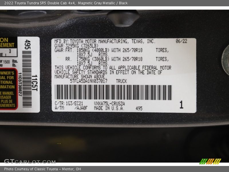 2022 Tundra SR5 Double Cab 4x4 Magnetic Gray Metallic Color Code 1G3