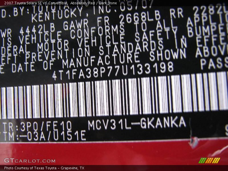 Absolutely Red / Dark Stone 2007 Toyota Solara SE V6 Convertible