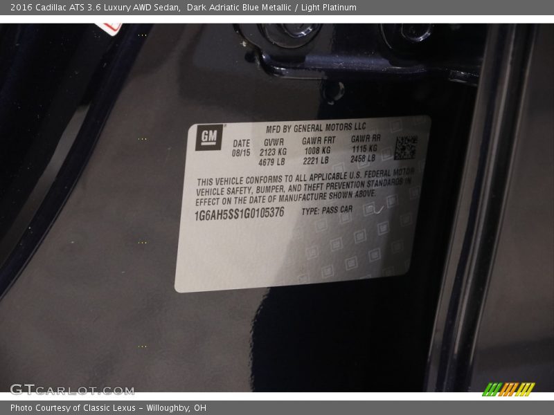 Dark Adriatic Blue Metallic / Light Platinum 2016 Cadillac ATS 3.6 Luxury AWD Sedan