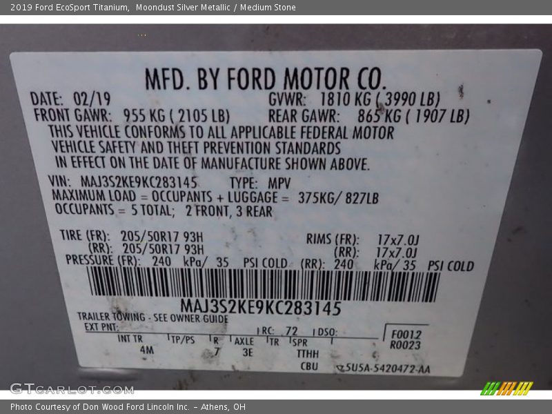 Moondust Silver Metallic / Medium Stone 2019 Ford EcoSport Titanium