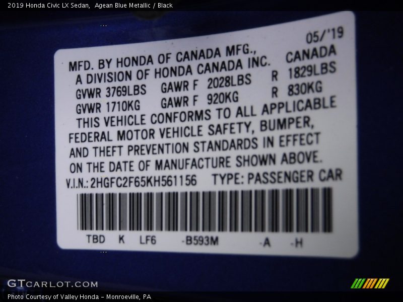 Agean Blue Metallic / Black 2019 Honda Civic LX Sedan
