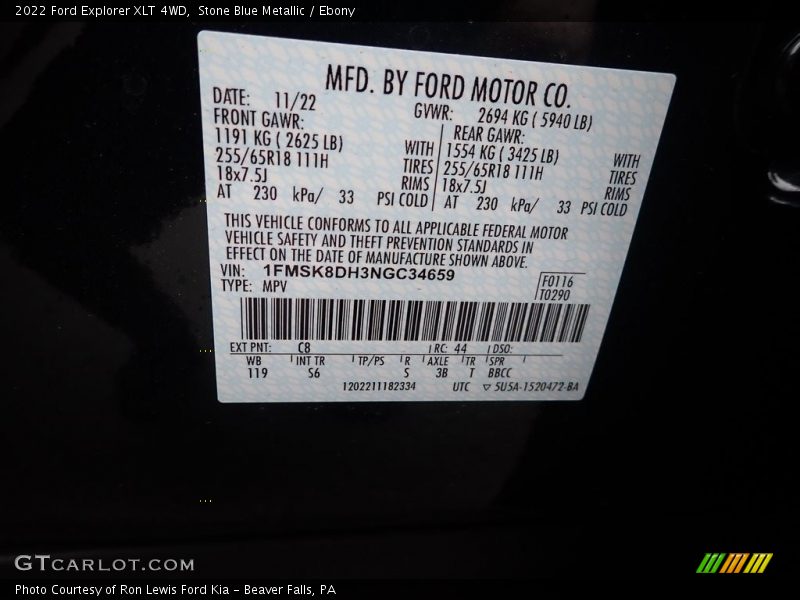 2022 Explorer XLT 4WD Stone Blue Metallic Color Code C8