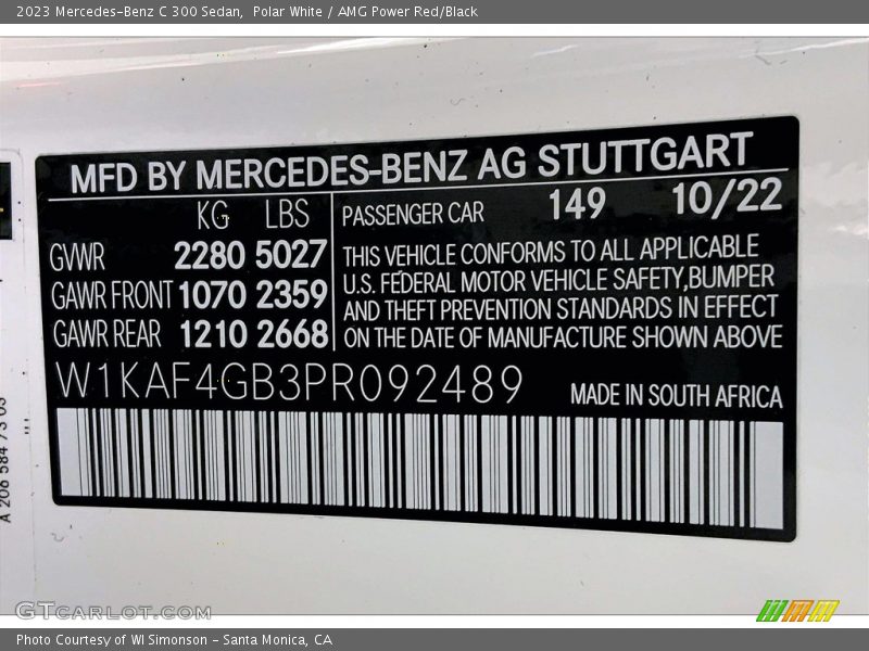 2023 C 300 Sedan Polar White Color Code 149