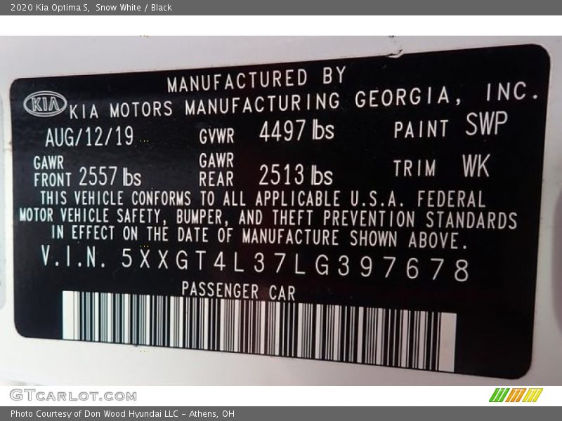 Snow White / Black 2020 Kia Optima S