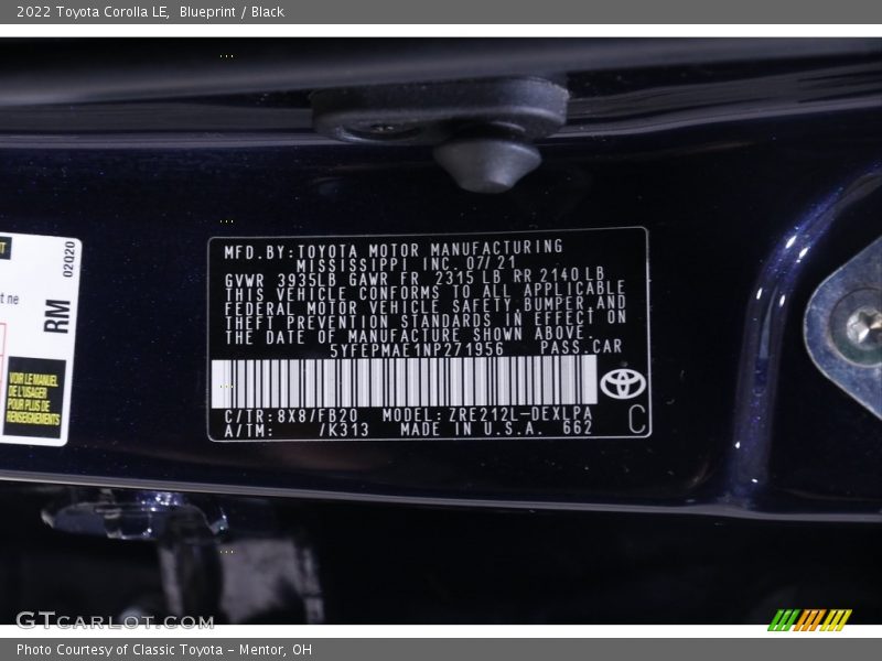 Blueprint / Black 2022 Toyota Corolla LE