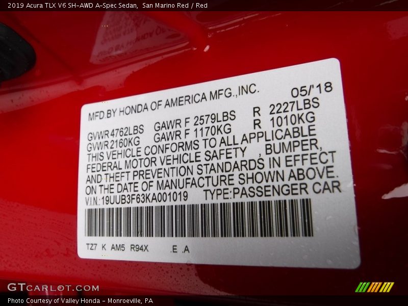2019 TLX V6 SH-AWD A-Spec Sedan San Marino Red Color Code R94X