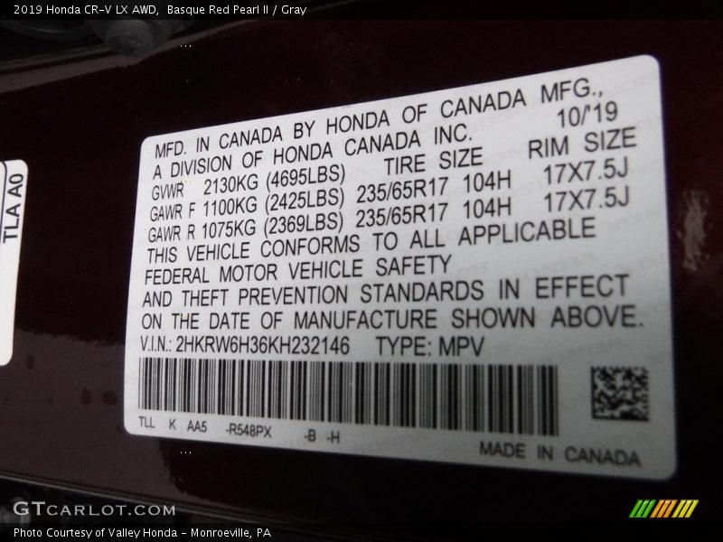 Basque Red Pearl II / Gray 2019 Honda CR-V LX AWD