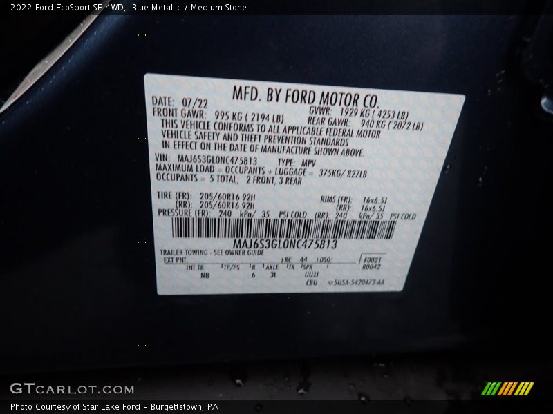 Blue Metallic / Medium Stone 2022 Ford EcoSport SE 4WD