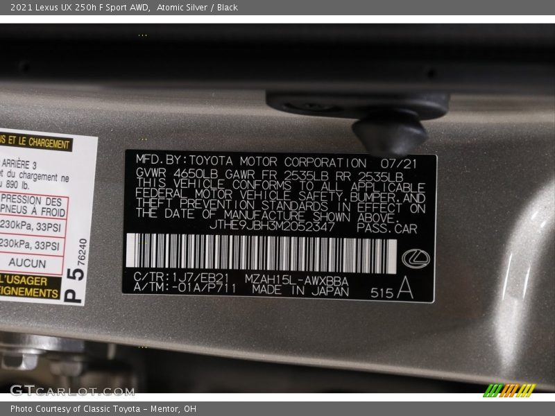 2021 UX 250h F Sport AWD Atomic Silver Color Code 1J7