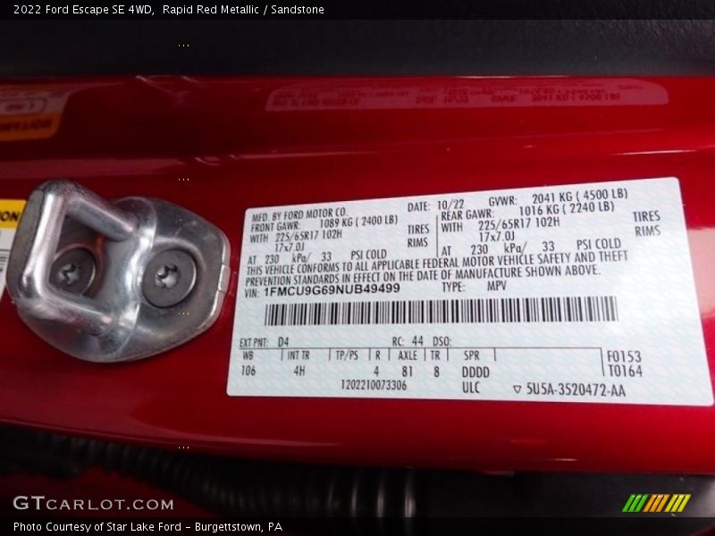 2022 Escape SE 4WD Rapid Red Metallic Color Code D4