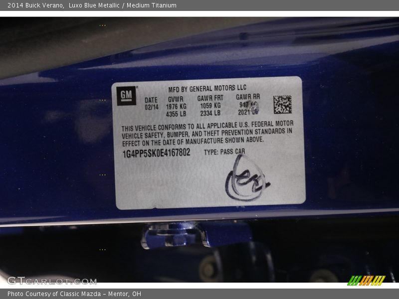 Luxo Blue Metallic / Medium Titanium 2014 Buick Verano