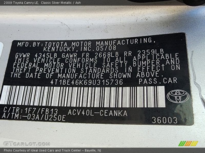 Classic Silver Metallic / Ash 2009 Toyota Camry LE