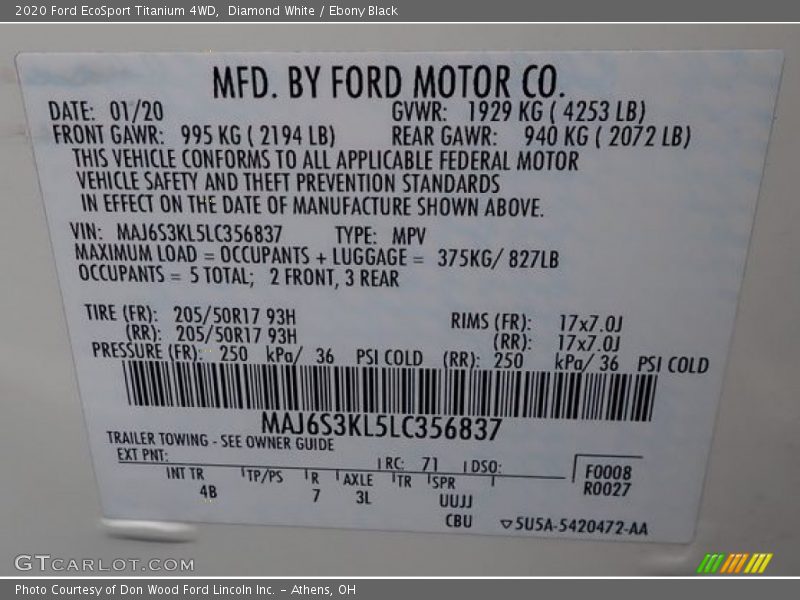 Diamond White / Ebony Black 2020 Ford EcoSport Titanium 4WD