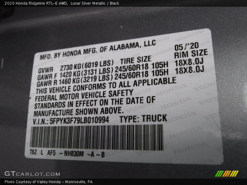Lunar Silver Metallic / Black 2020 Honda Ridgeline RTL-E AWD