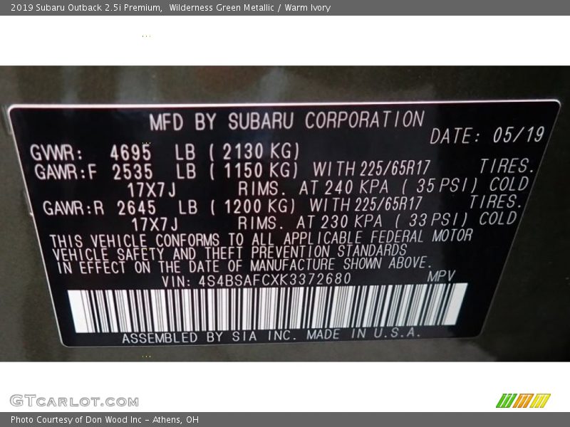 Wilderness Green Metallic / Warm Ivory 2019 Subaru Outback 2.5i Premium