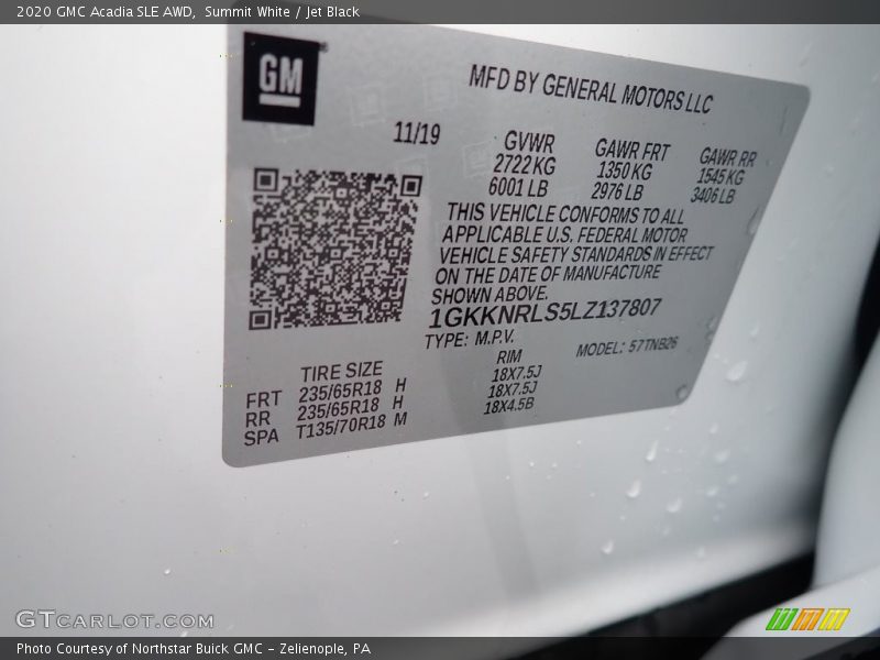 Summit White / Jet Black 2020 GMC Acadia SLE AWD