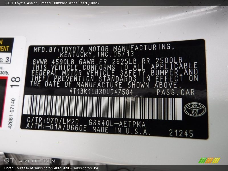 Blizzard White Pearl / Black 2013 Toyota Avalon Limited
