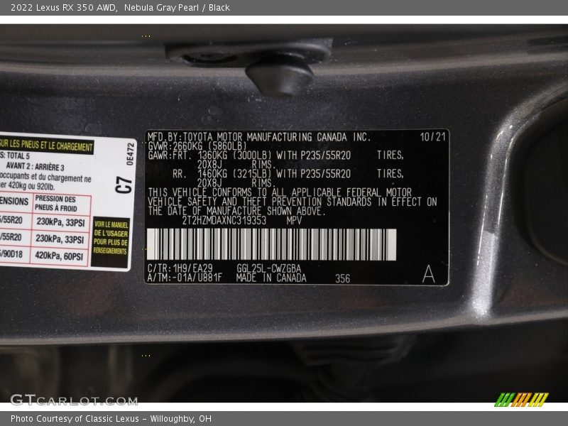 2022 RX 350 AWD Nebula Gray Pearl Color Code 1H9