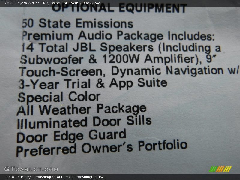  2021 Avalon TRD Window Sticker