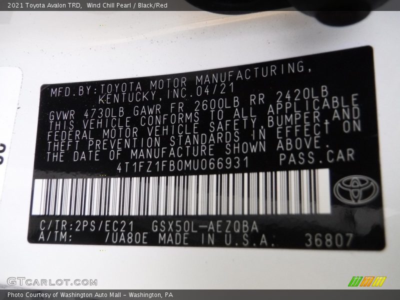 Wind Chill Pearl / Black/Red 2021 Toyota Avalon TRD
