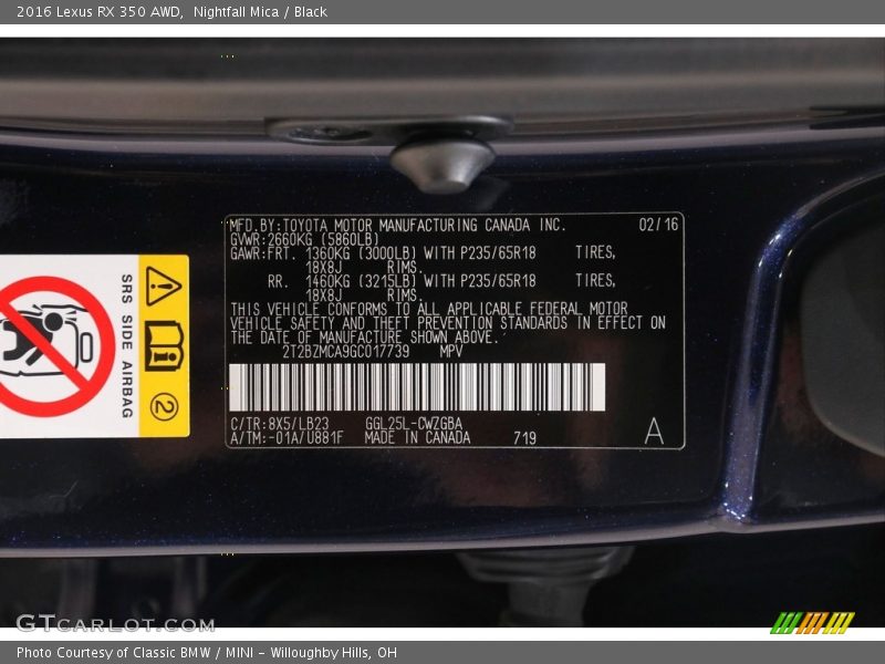 2016 RX 350 AWD Nightfall Mica Color Code 8X5