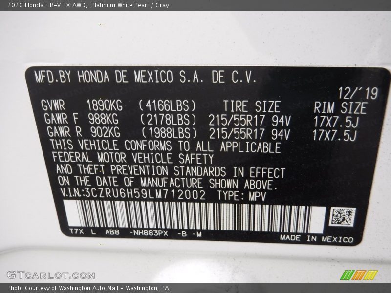 Platinum White Pearl / Gray 2020 Honda HR-V EX AWD