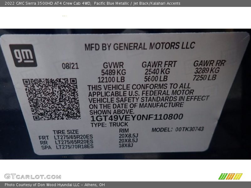 Pacific Blue Metallic / Jet Black/Kalahari Accents 2022 GMC Sierra 3500HD AT4 Crew Cab 4WD