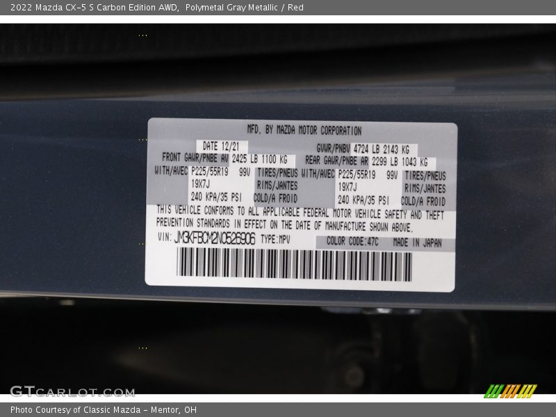 Polymetal Gray Metallic / Red 2022 Mazda CX-5 S Carbon Edition AWD