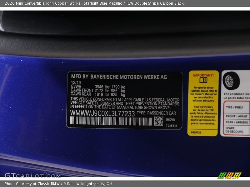 Starlight Blue Metallic / JCW Double Stripe Carbon Black 2020 Mini Convertible John Cooper Works