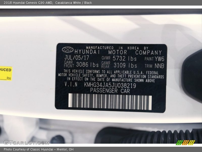 2018 Genesis G90 AWD Casablanca White Color Code YW6