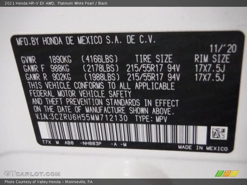 Platinum White Pearl / Black 2021 Honda HR-V EX AWD