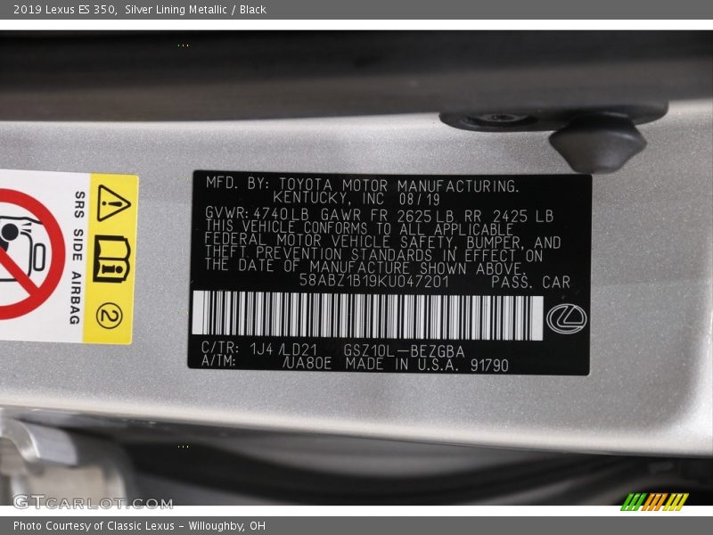 2019 ES 350 Silver Lining Metallic Color Code 1J4
