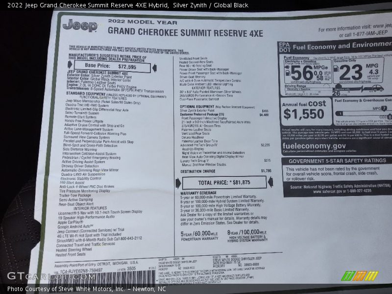  2022 Grand Cherokee Summit Reserve 4XE Hybrid Window Sticker
