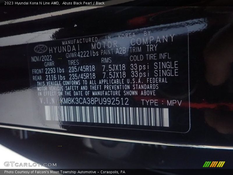 2023 Kona N Line AWD Abyss Black Pearl Color Code A2B