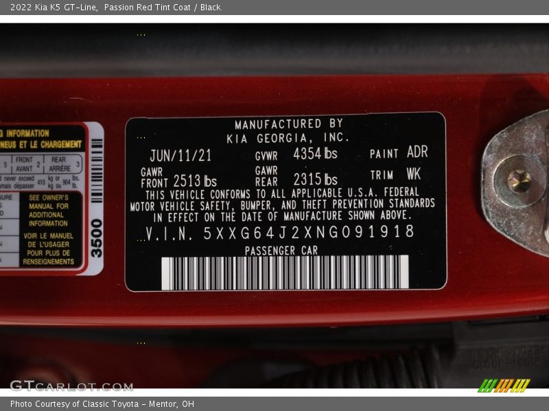 2022 K5 GT-Line Passion Red Tint Coat Color Code ADR