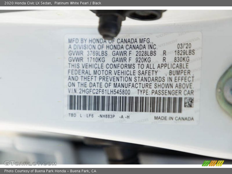 Platinum White Pearl / Black 2020 Honda Civic LX Sedan