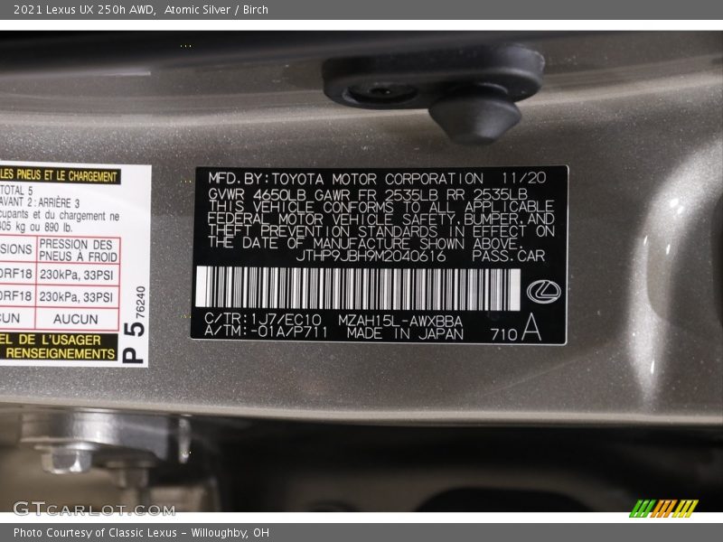 2021 UX 250h AWD Atomic Silver Color Code 1J7