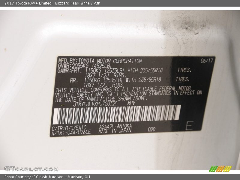 2017 RAV4 Limited Blizzard Pearl White Color Code 070
